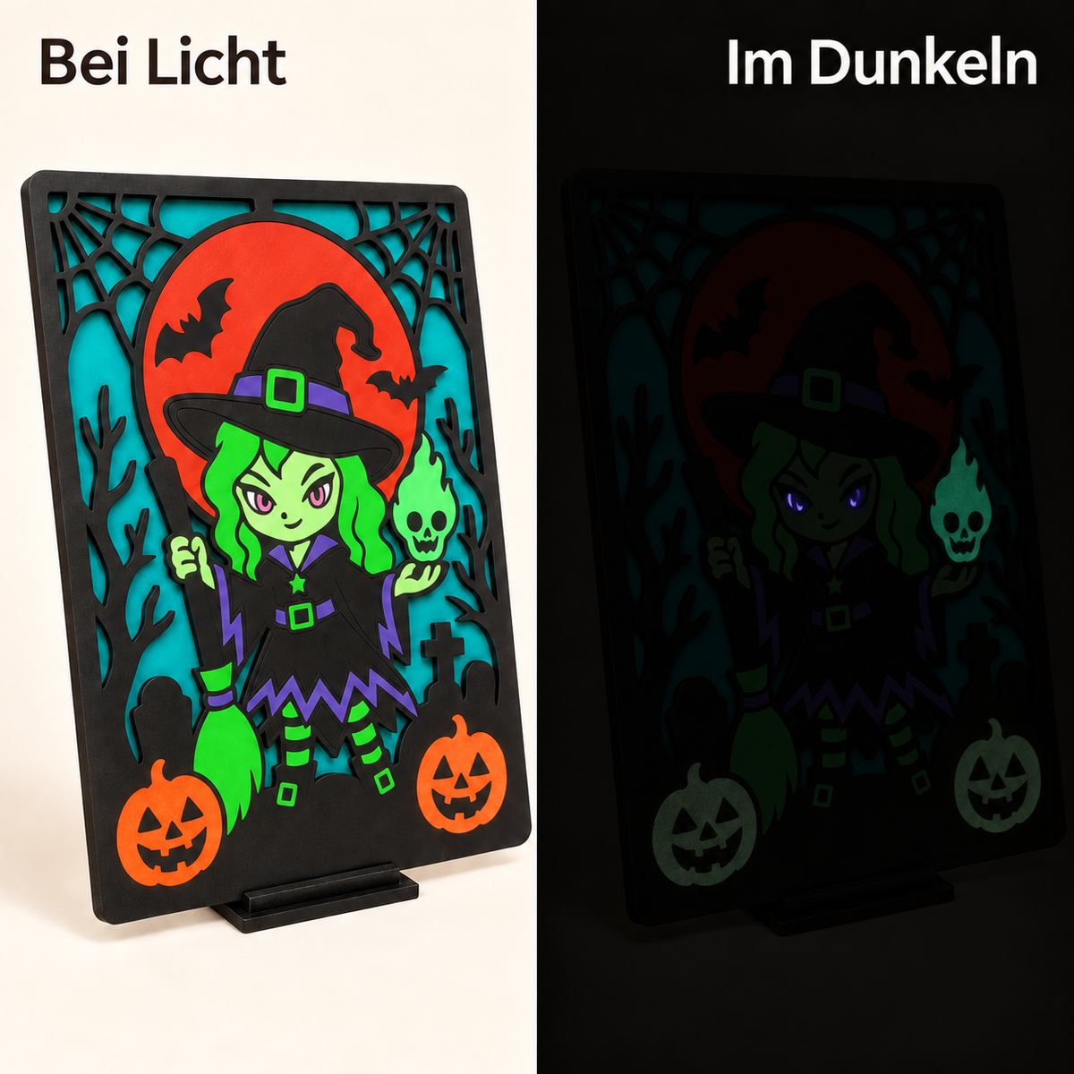 Halloween-Hexenbild bei Tag und mit dezent nachleuchtenden Details im Dunkeln