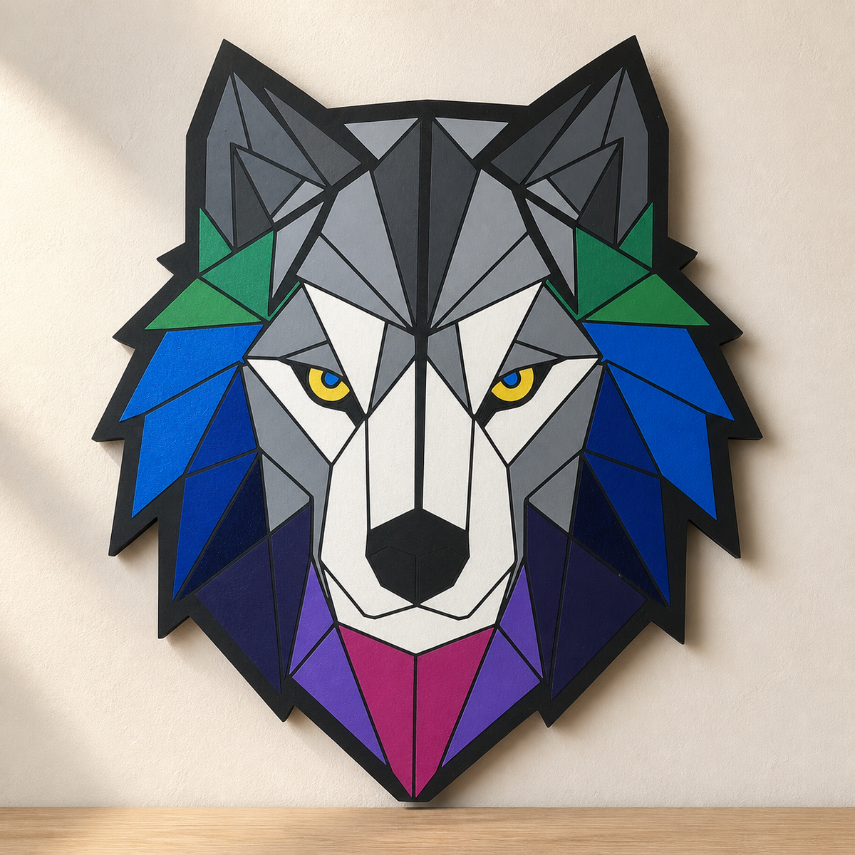 Handbemaltes geometrisches Wolf-Wandbild aus MDF in Grau, Blau, Grün, Lila und Pink, 36 × 30 cm