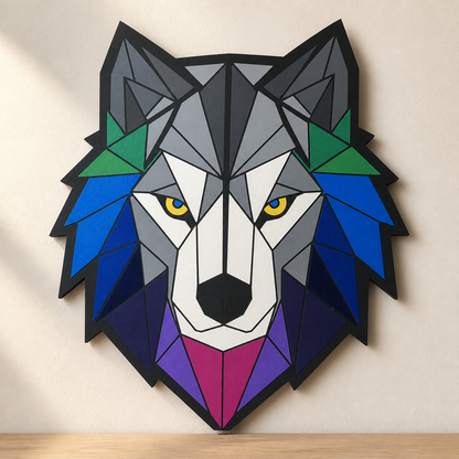 Handbemaltes geometrisches Wolf-Wandbild aus MDF in Grau, Blau, Grün, Lila und Pink, 36 × 30 cm