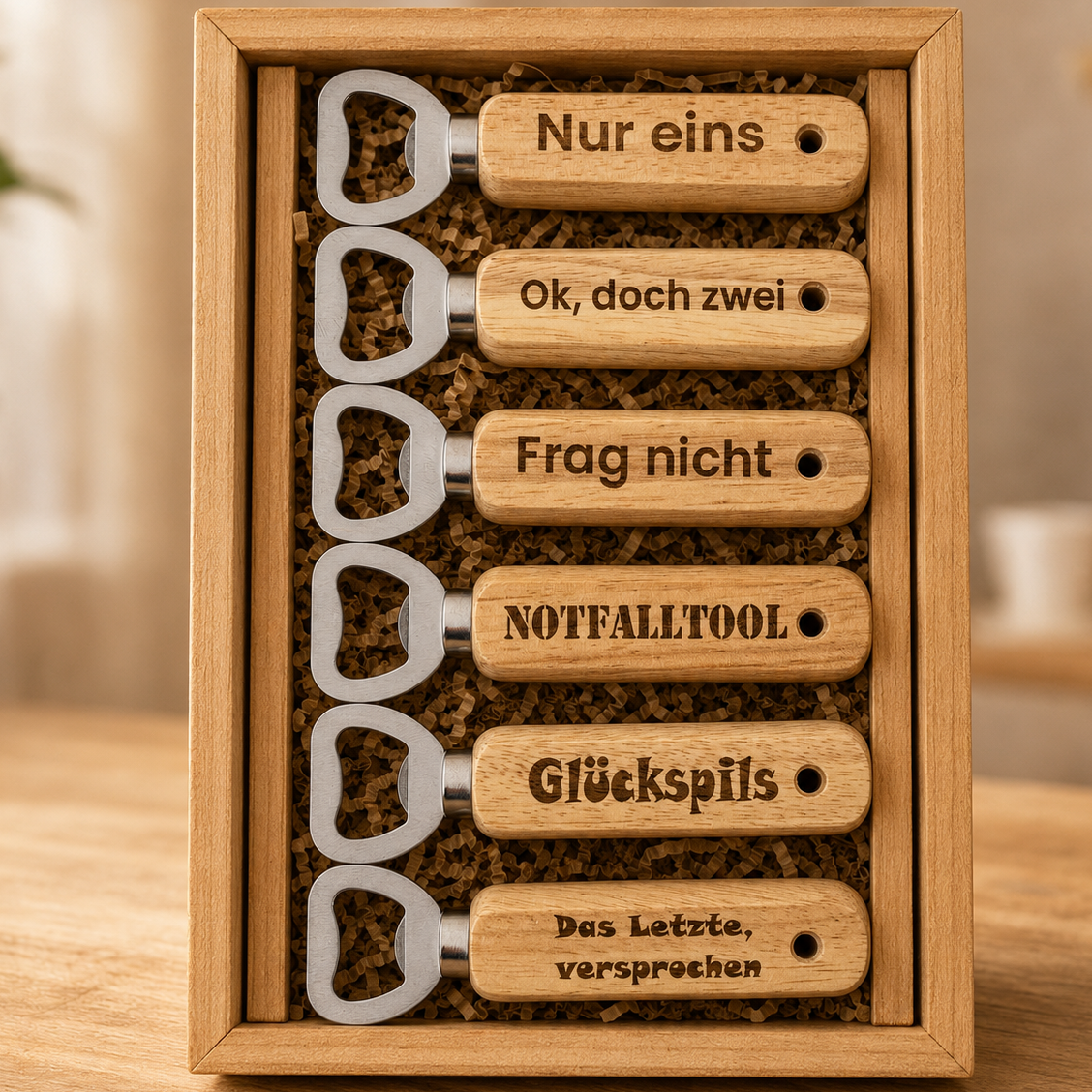 Personalisierter Flaschenöffner aus Holz – Lustige Gravuren