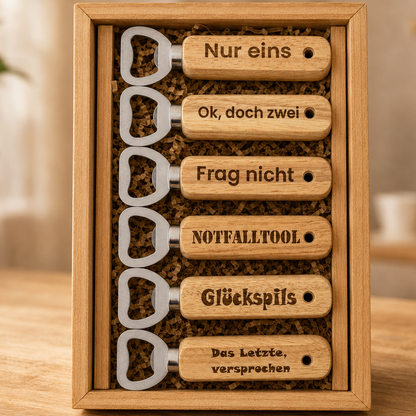 Personalisierter Flaschenöffner aus Holz – Lustige Gravuren