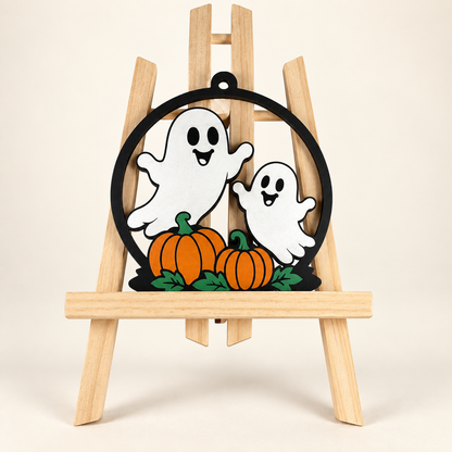 Handbemalte Halloween-Deko mit zwei Geistern und Kürbissen aus MDF
