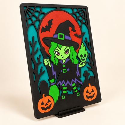 Handbemaltes Halloween-Hexenbild aus MDF mit schwarzem Aufsteller
