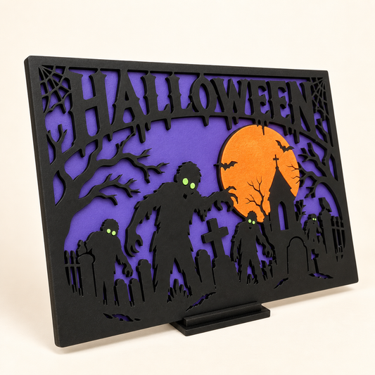 Handbemaltes Halloween-Zombiebild aus MDF mit schwarzem Aufsteller