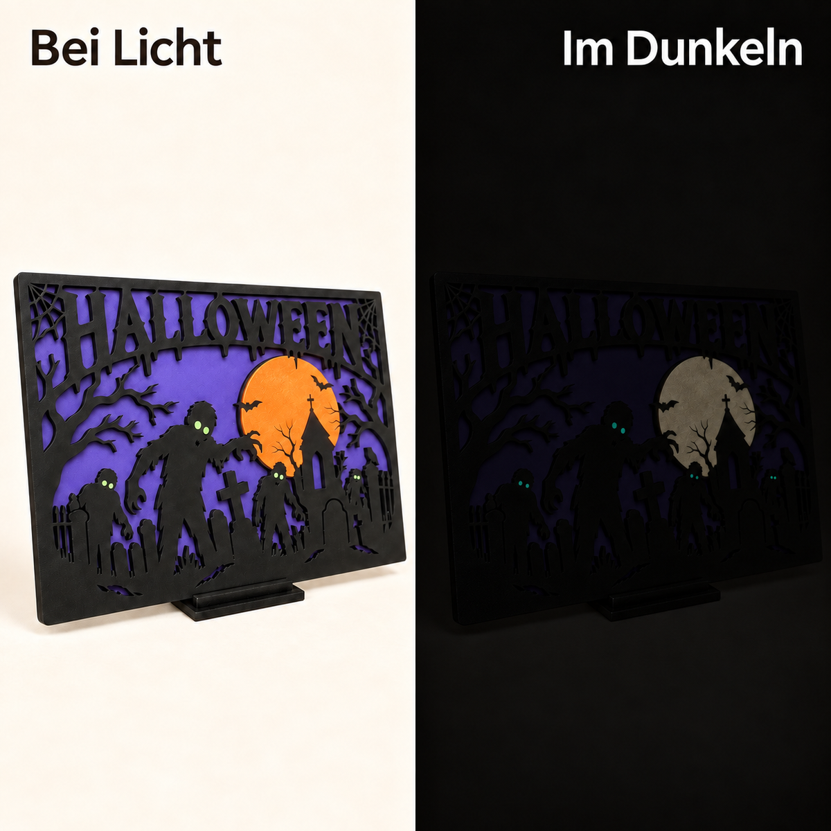 Halloween-Zombiebild bei Tag und mit dezent nachleuchtenden Details im Dunkeln