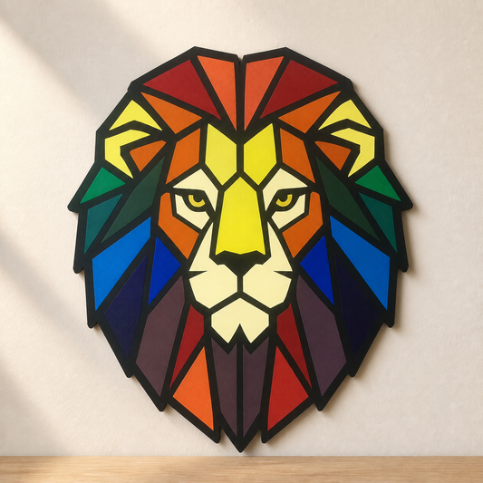 Handbemaltes geometrisches Löwen-Wandbild in Gelb, Orange, Grün, Blau, Rot und Violett