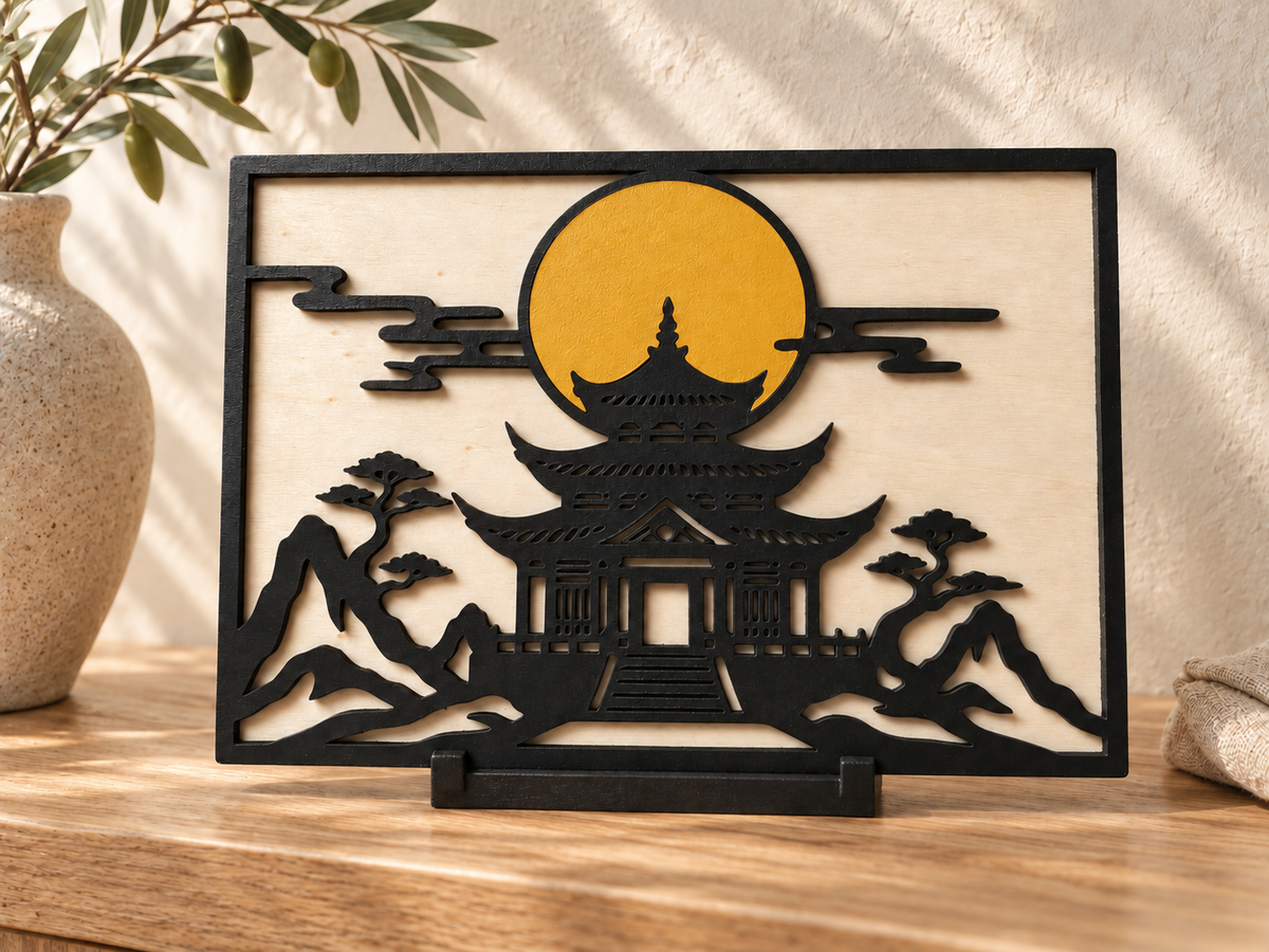 Handbemaltes Japan-Aufstellbild mit Pagode in Gelbocker