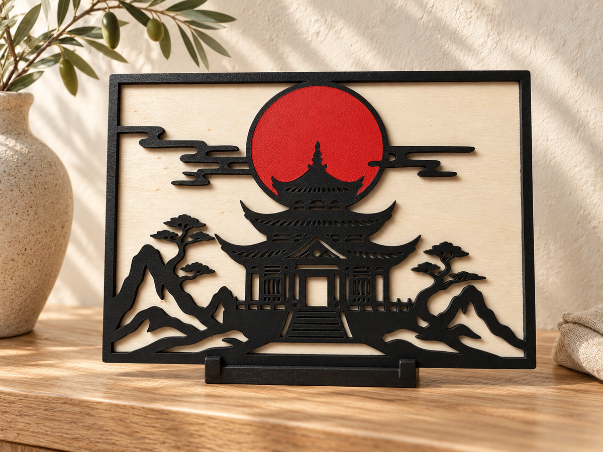 Handbemaltes Japan-Aufstellbild mit Pagode in Originalrot