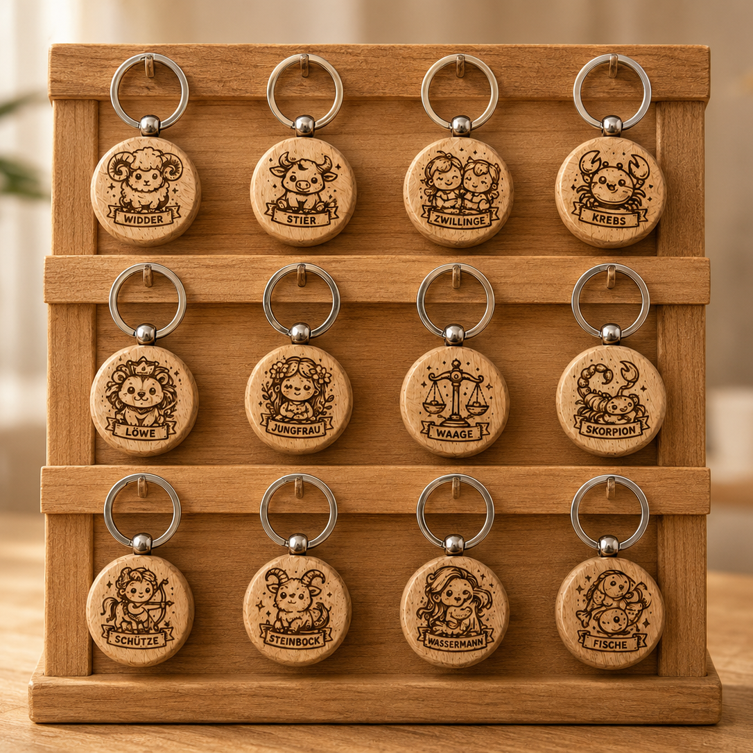 Runde Holz-Schlüsselanhänger mit gravierten Sternzeichen Motiven