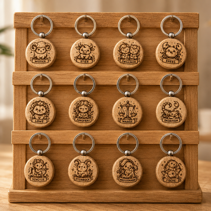 Runde Holz-Schlüsselanhänger mit gravierten Sternzeichen Motiven