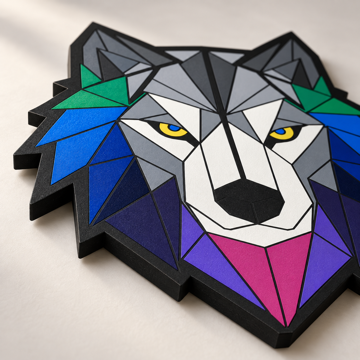 Nahaufnahme des handbemalten geometrischen Wolf-Wandbilds aus MDF mit sichtbarer Materialstärke