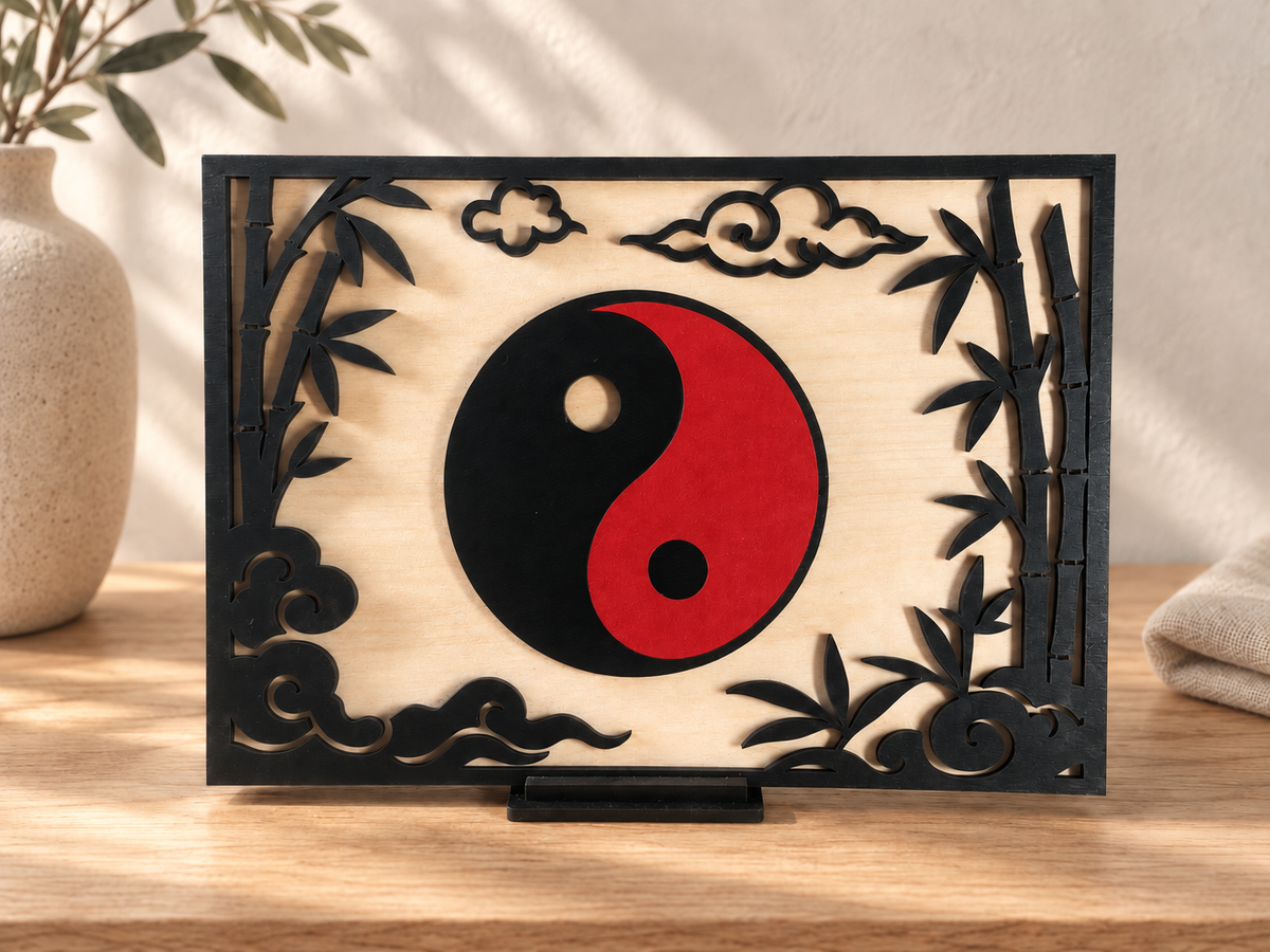 Handbemaltes Yin-Yang-Aufstellbild in Scharlachrot